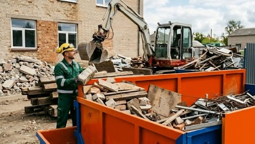 Worker loading construction debris into large orange containers with an excavator