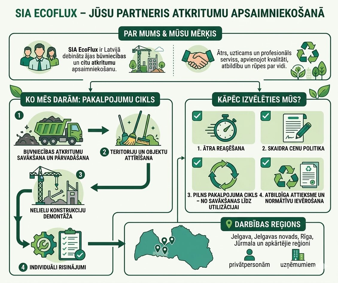 Infografika par EcoFlux pakalpojumiem un iemesliem izvēlēties uzņēmumu