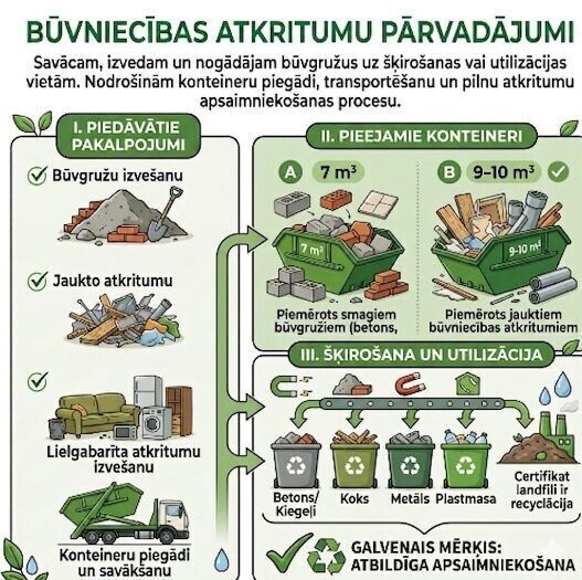 Infographic of construction waste removal container sizes and waste types