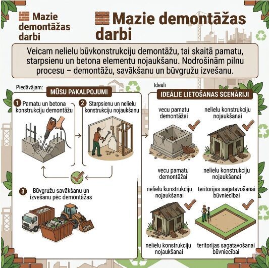 Infografika par nelieliem demontāžas darbiem un būvgružu savākšanu