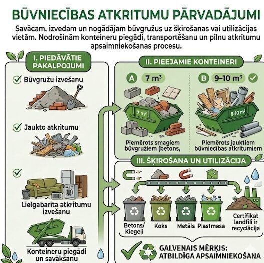 Infografika par būvgružu izvešanas konteineru izmēriem un atkritumu veidiem