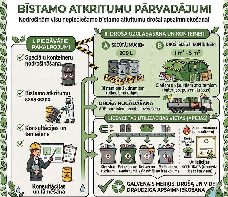 Infografika par bīstamo atkritumu pārvadāšanas konteineriem un drošu utilizāciju