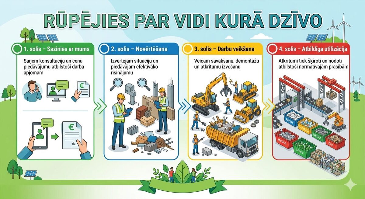 Infografika “Rūpējies par vidi, kurā dzīvo” ar soļiem būvgružu savākšanai un šķirošanai